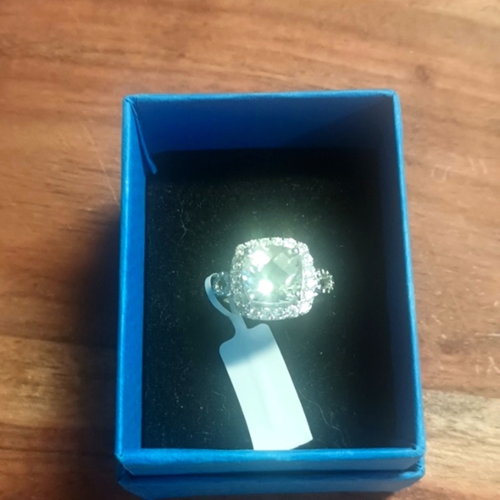New Elegant Sterling Silver Prasiolite With White Topaz Ring Size 8